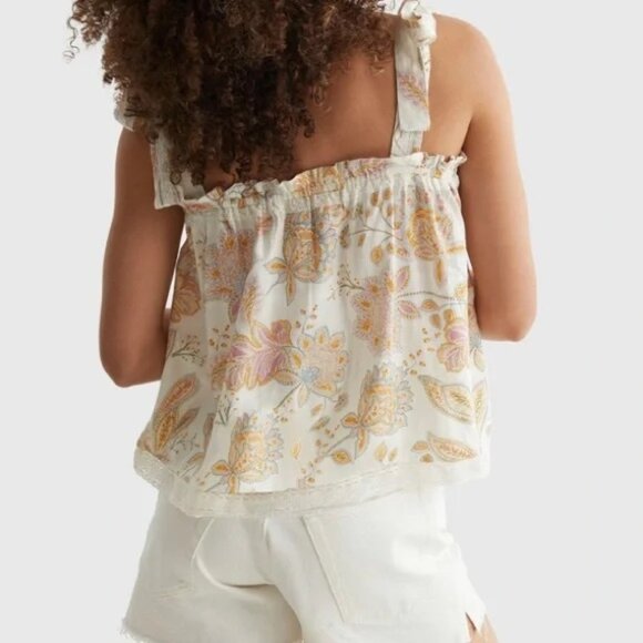 Lucky Brand Easy Tie Shoulder Tank Top in Ivory with Floral Print & Lace Trim - Picture 2 of 9